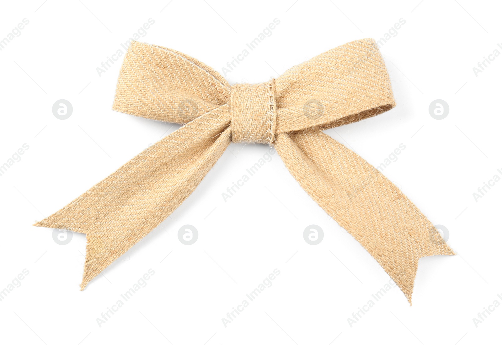 Photo of Bow made of burlap fabric isolated on white, top view