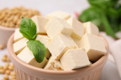 Photo of Delicious tofu cheese in bowl, closeup view