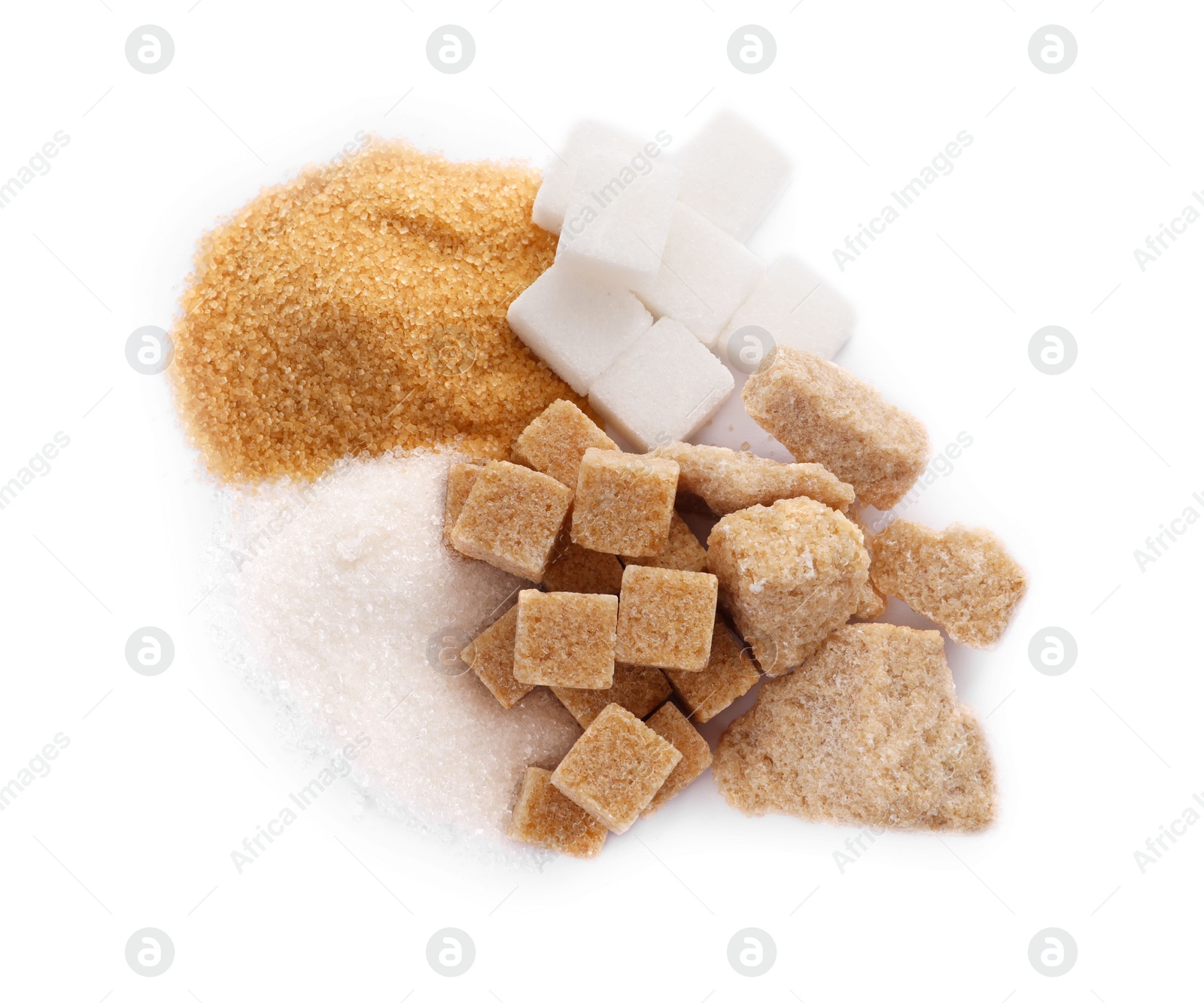 Photo of Different types of sugar on white background, top view