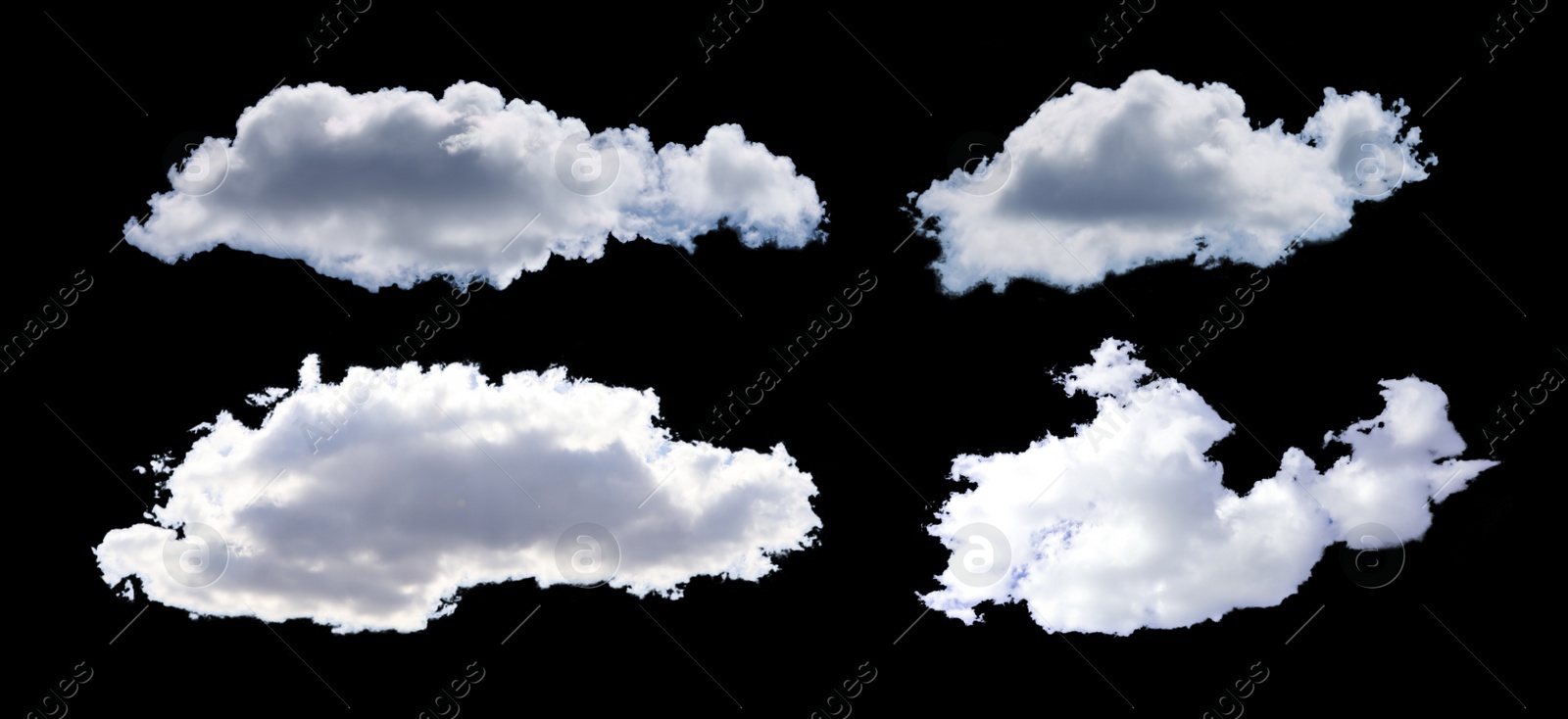 Image of DIfferent white clouds on black background, collage. Banner design