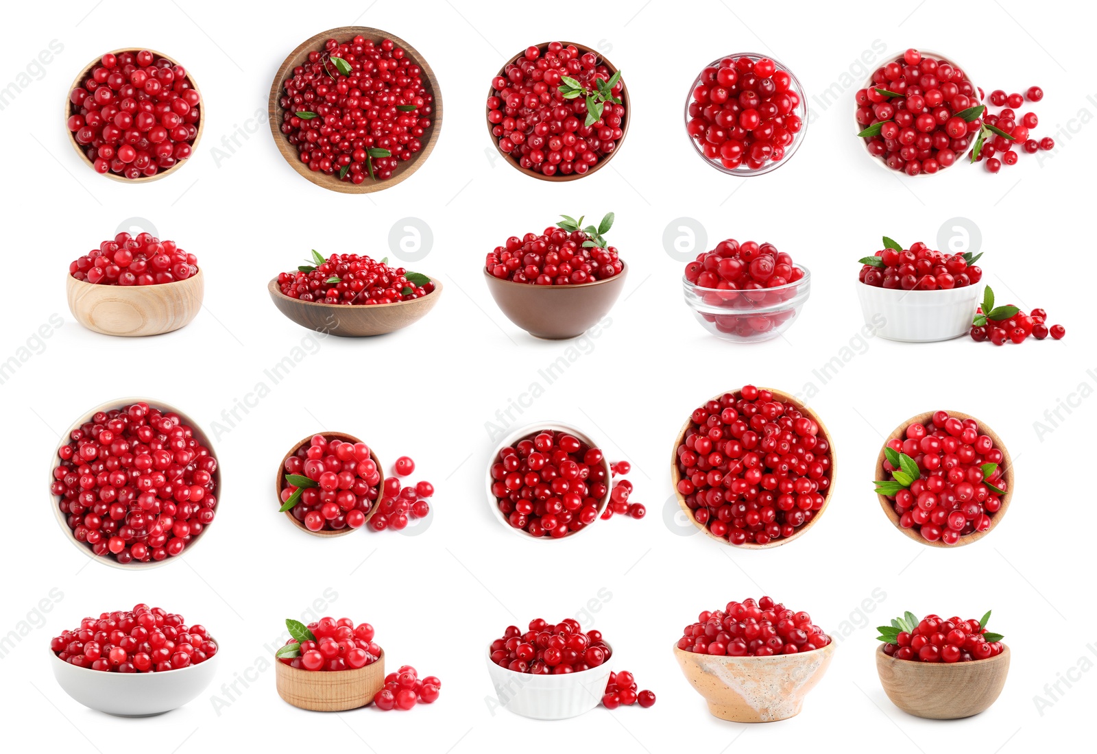 Image of Set of fresh ripe cranberries on white background