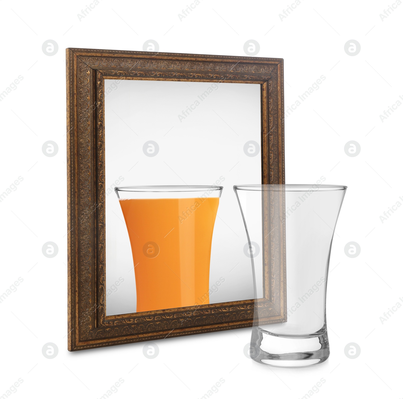 Image of Empty glass and mirror with reflection on white background