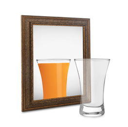 Empty glass and mirror with reflection on white background