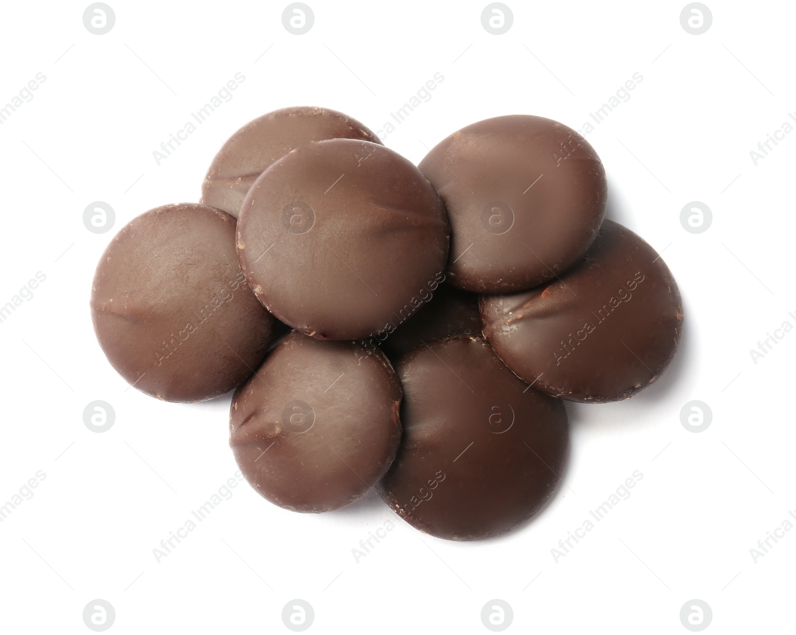 Photo of Delicious black chocolate chips on white background