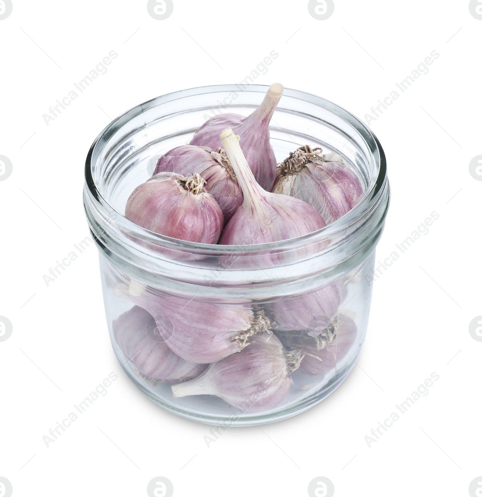 Photo of Fresh garlic bulbs in glass jar isolated on white