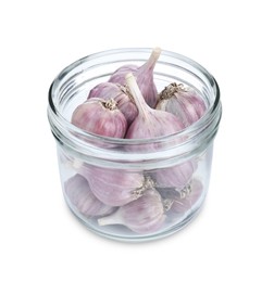 Fresh garlic bulbs in glass jar isolated on white