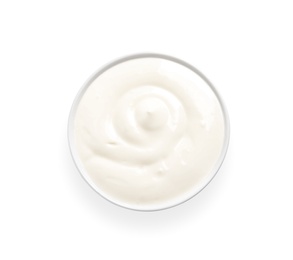 Bowl with creamy yogurt on white background, top view