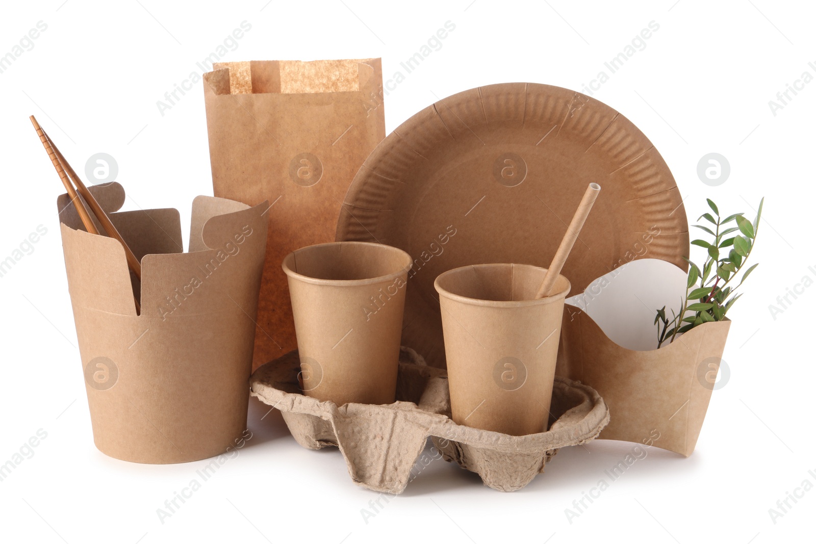 Photo of Eco friendly food packagings, tableware, paper bag and twigs isolated on white