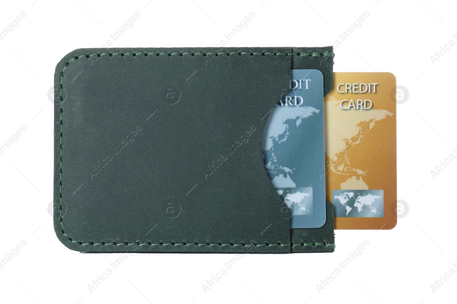 Photo of Leather card holder with plastic credit cards isolated on white