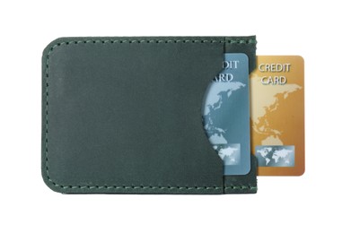 Photo of Leather card holder with plastic credit cards isolated on white