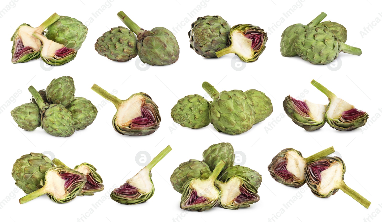 Image of Set with fresh raw artichokes on white background 