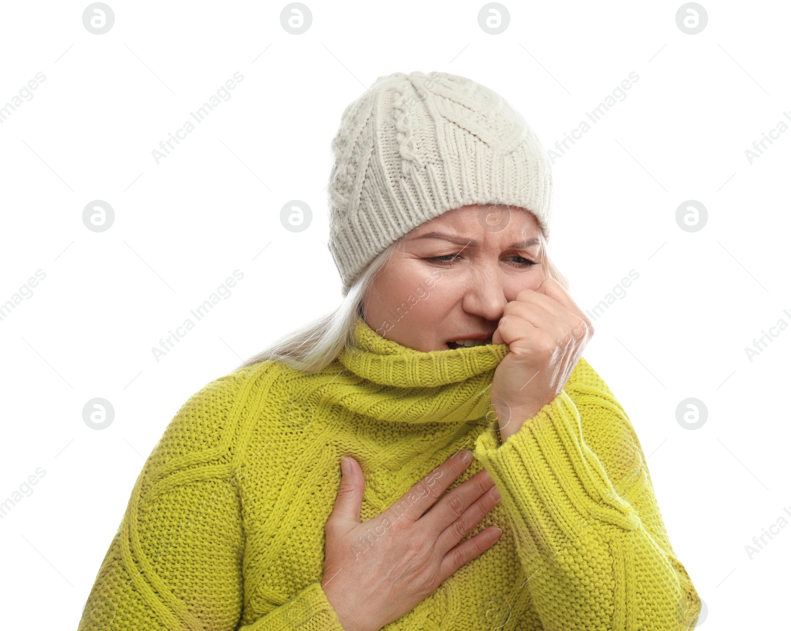 Photo of Mature woman suffering from cold on white background