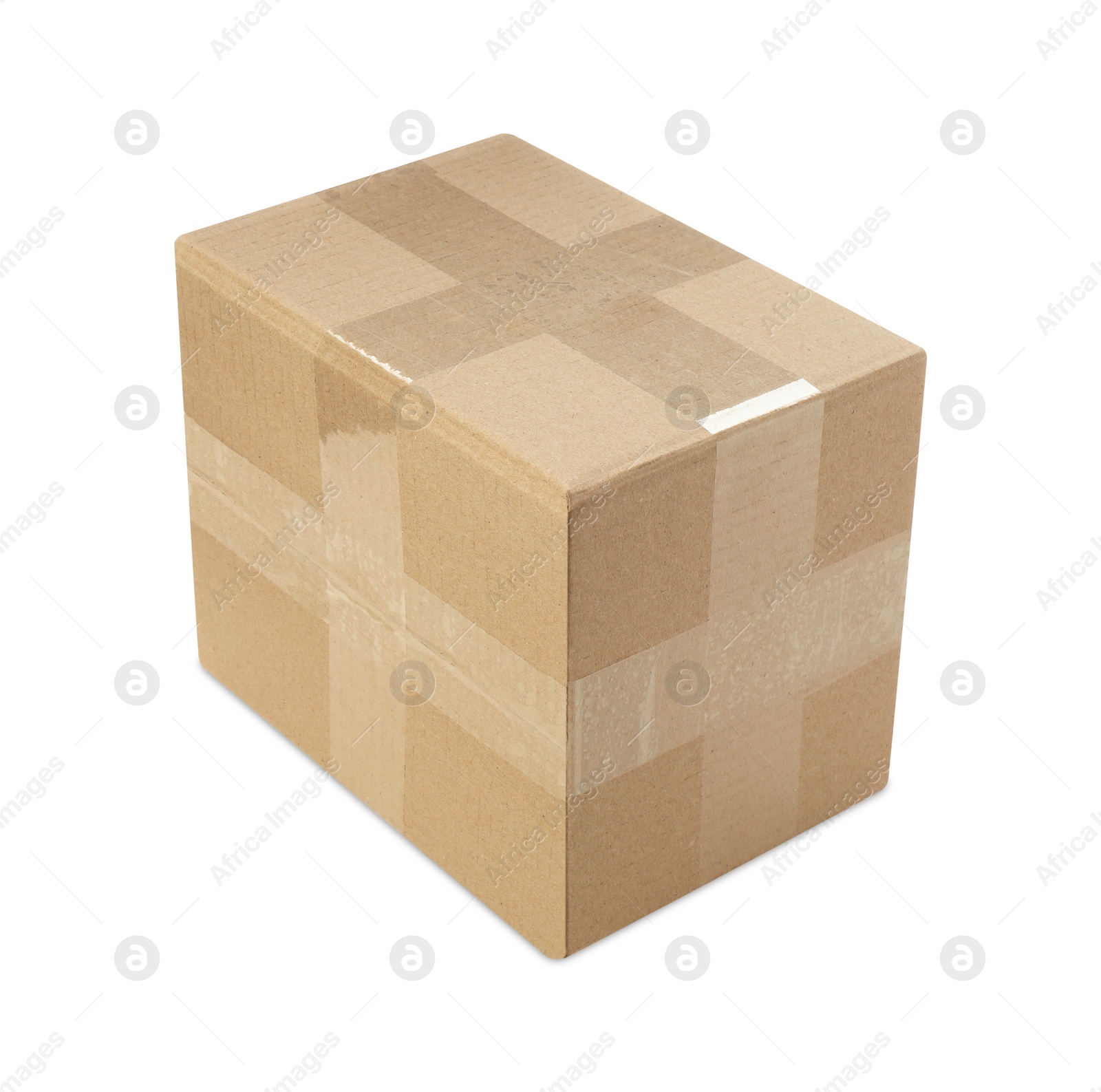 Photo of One closed cardboard box on white background