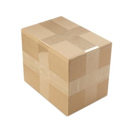 One closed cardboard box on white background