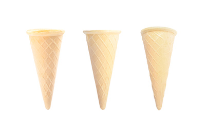 Image of Set of empty wafer ice cream cones on white background