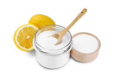 Photo of Baking soda and lemons isolated on white