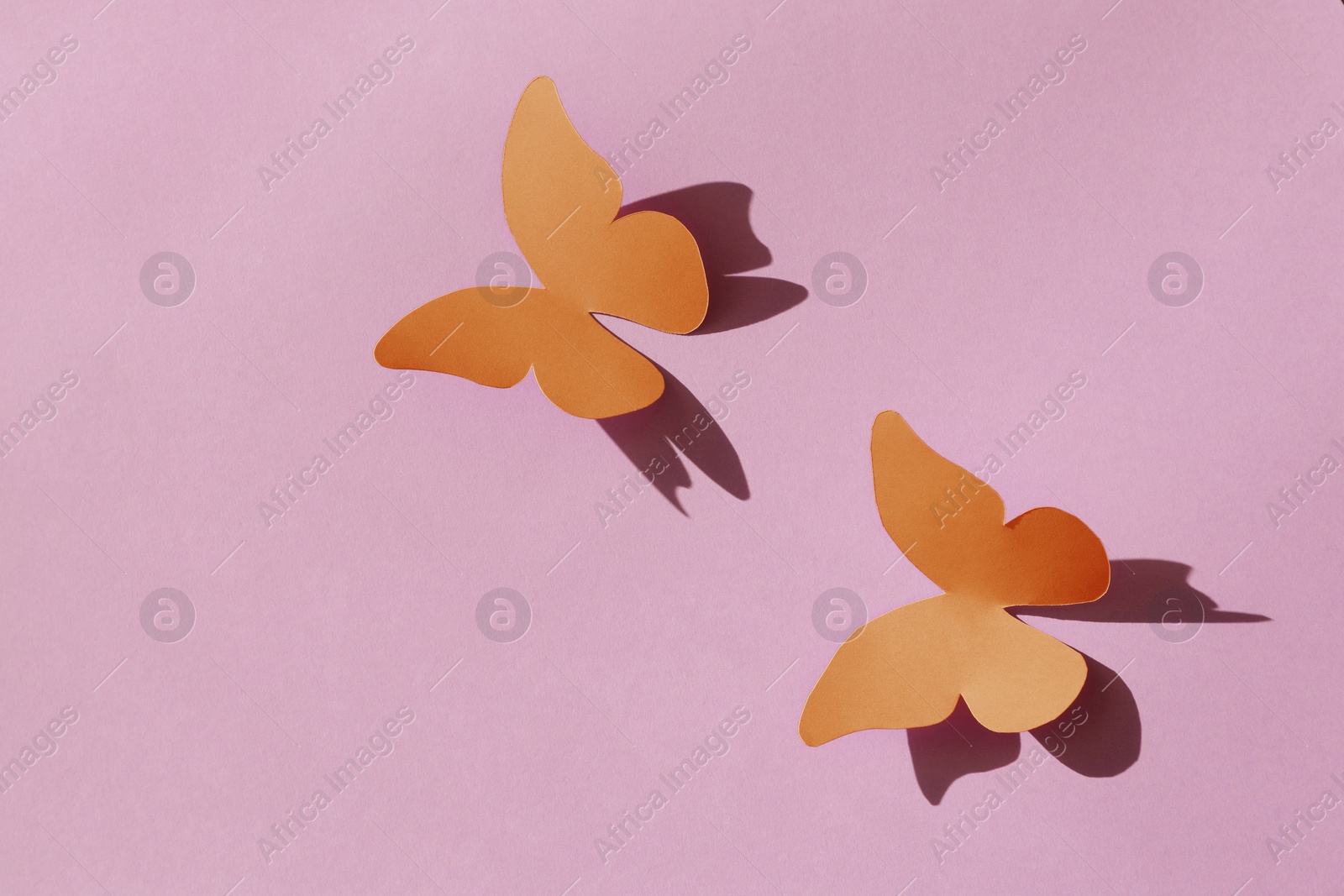 Image of Bright orange paper butterflies on pink background