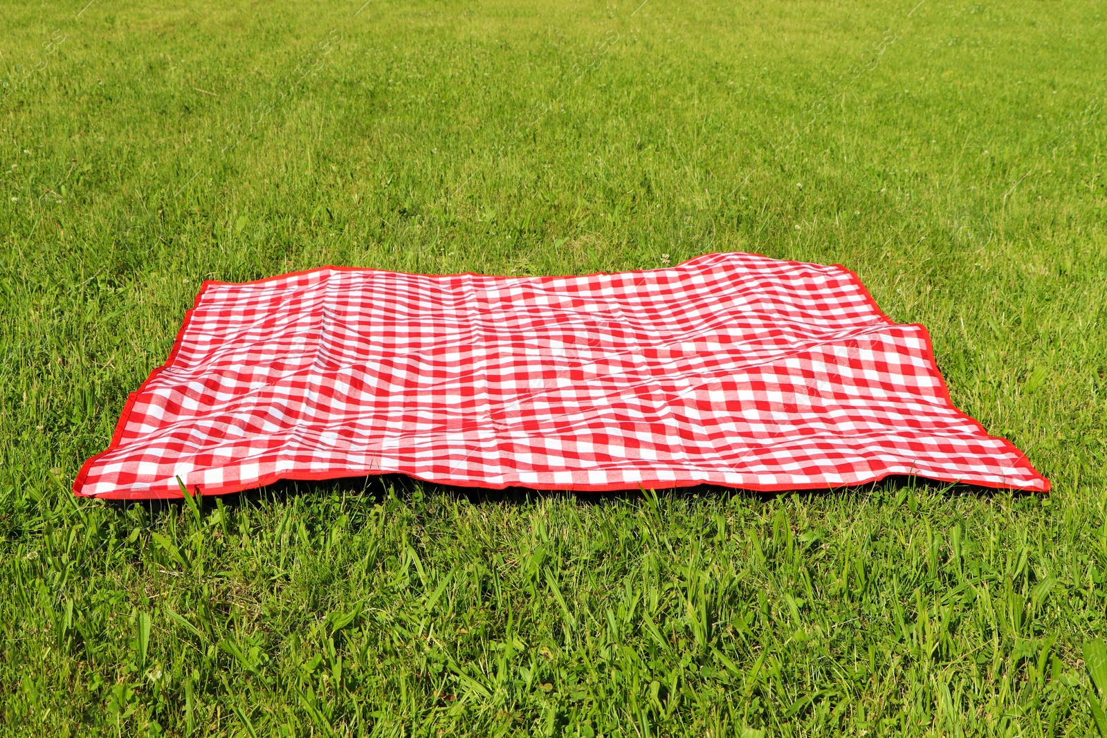 Photo of Checkered picnic tablecloth on fresh green grass outdoors