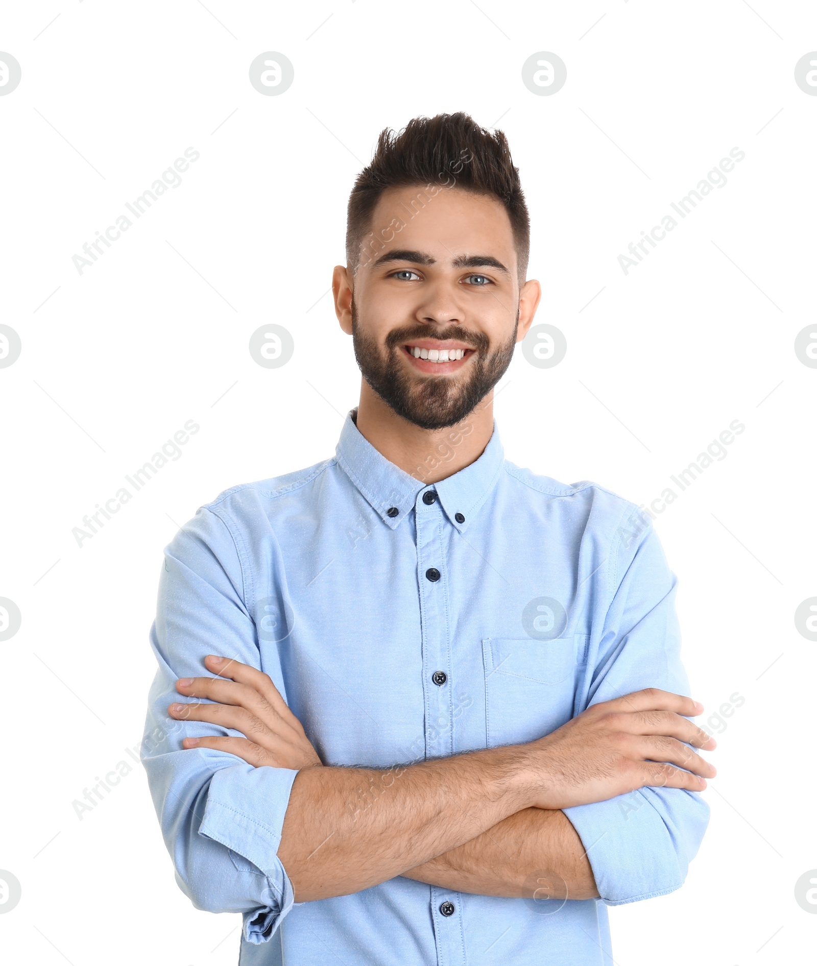 Photo of Portrait of handsome smiling man isolated on white