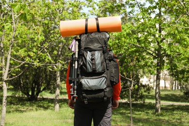 Hiker with backpack ready for journey in park, back view