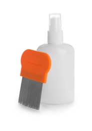 Photo of Spray and metal comb for anti lice treatment on white background