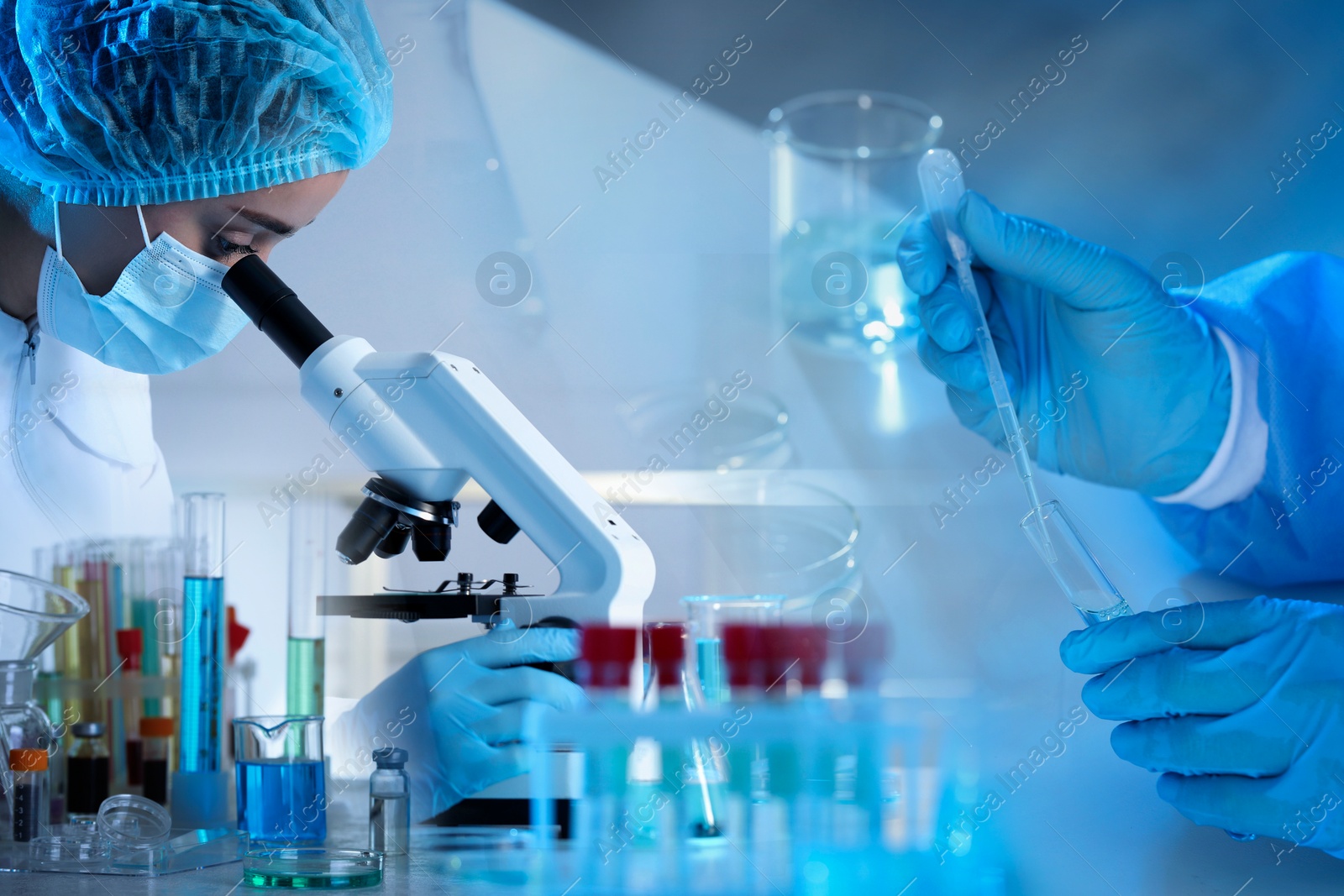 Image of Testing, analysis and experiment. Laboratory employees working, multiple exposure