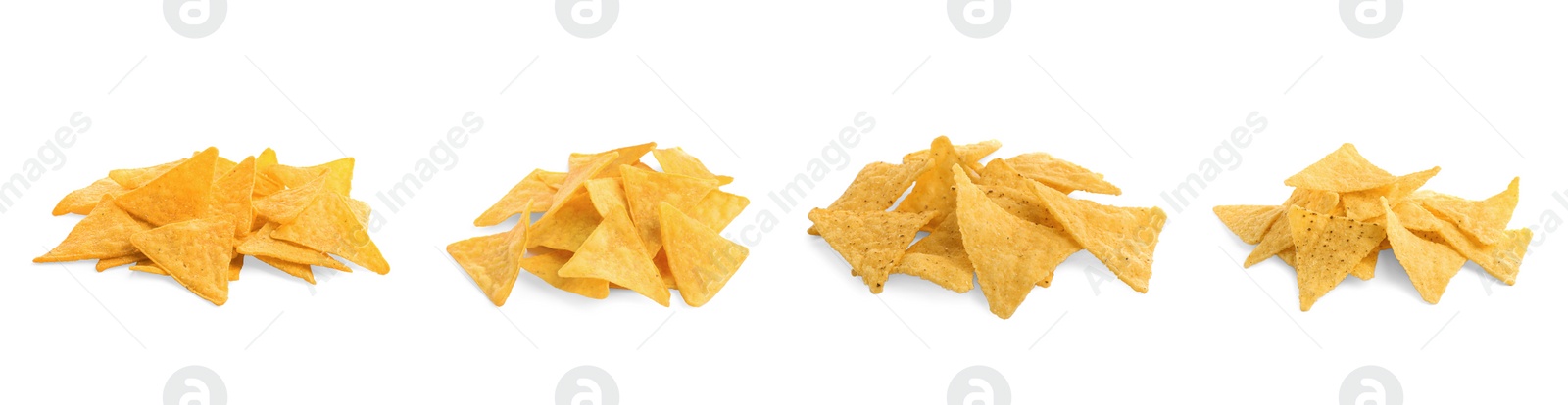 Image of Set with tasty tortilla chips (nachos) on white background. Banner design