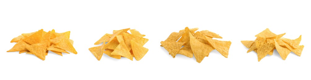 Image of Set with tasty tortilla chips (nachos) on white background. Banner design