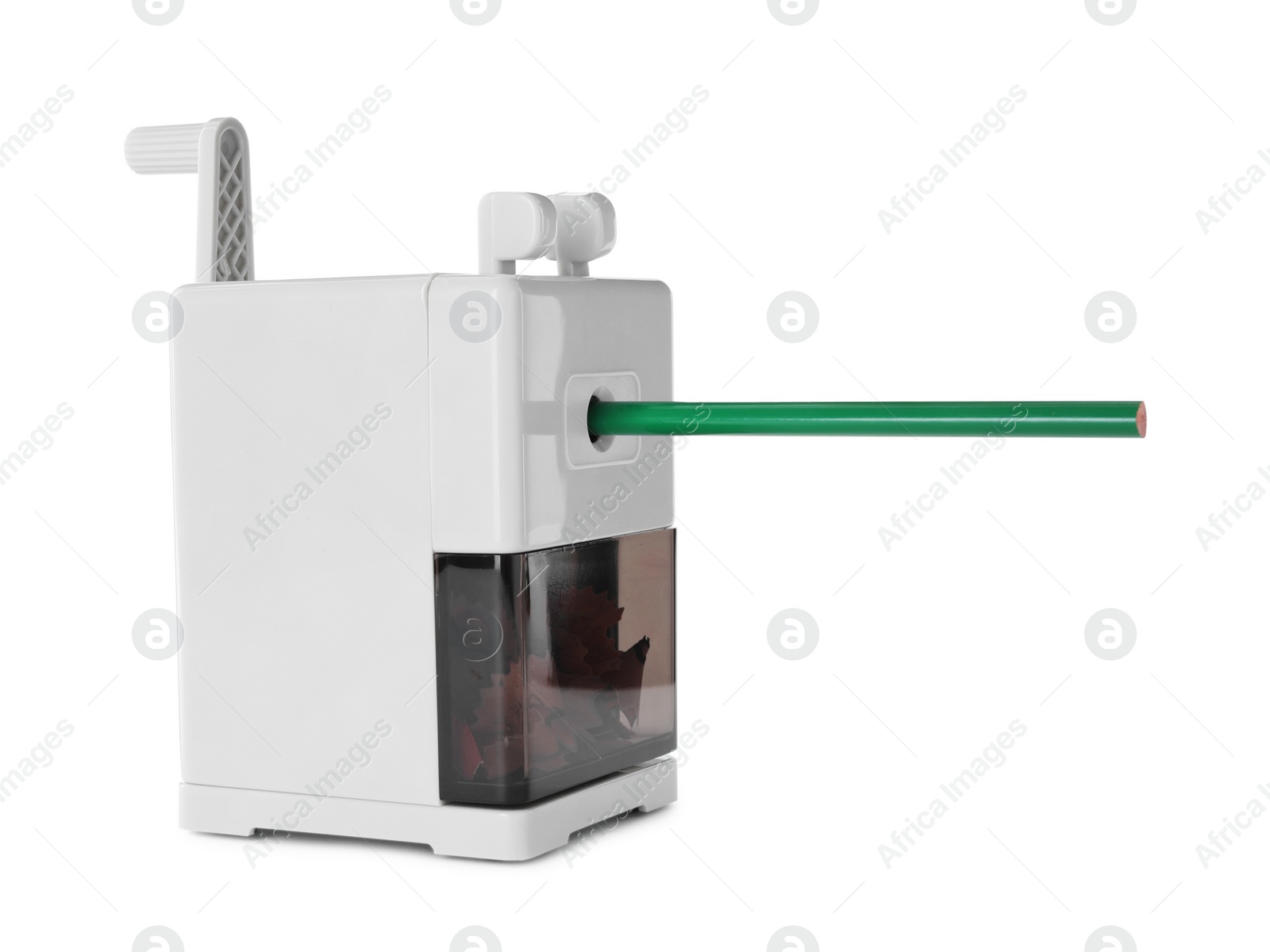 Photo of Mechanical rotary sharpener with pencil isolated on white