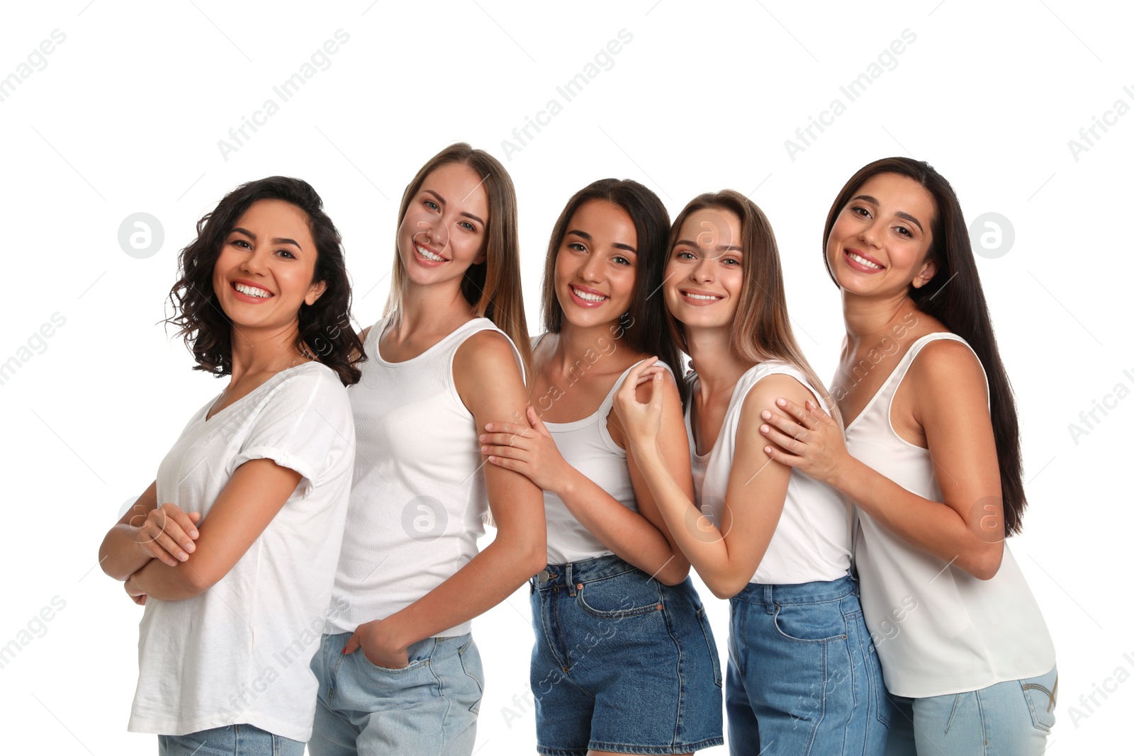 Photo of Happy women on white background. Girl power concept