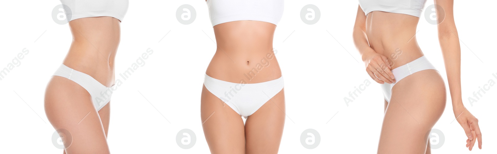 Image of Collage with photos of slim young woman showing smooth skin after epilation on white background, closeup. Banner design