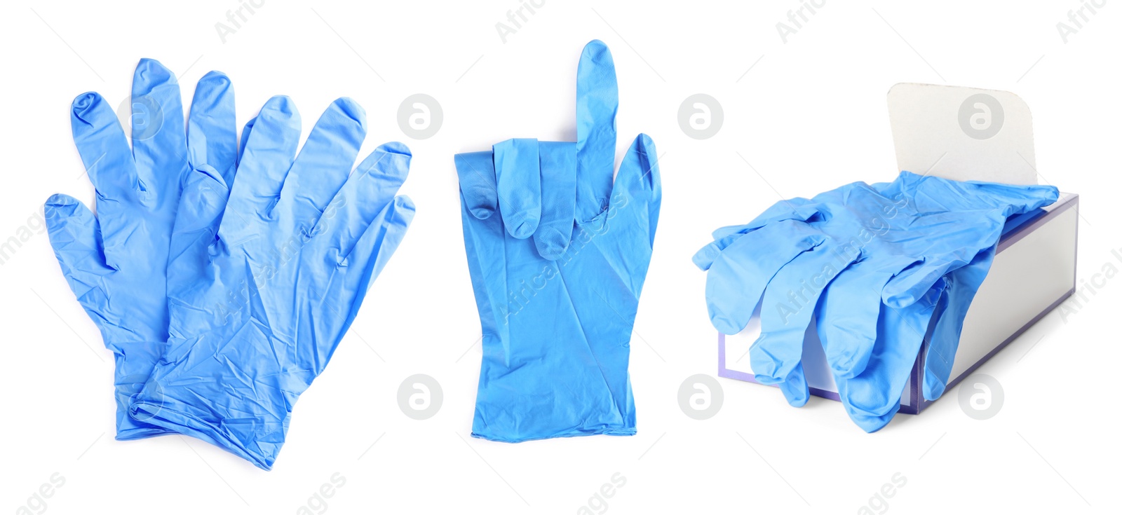 Image of Set of medical gloves on white background. Banner design