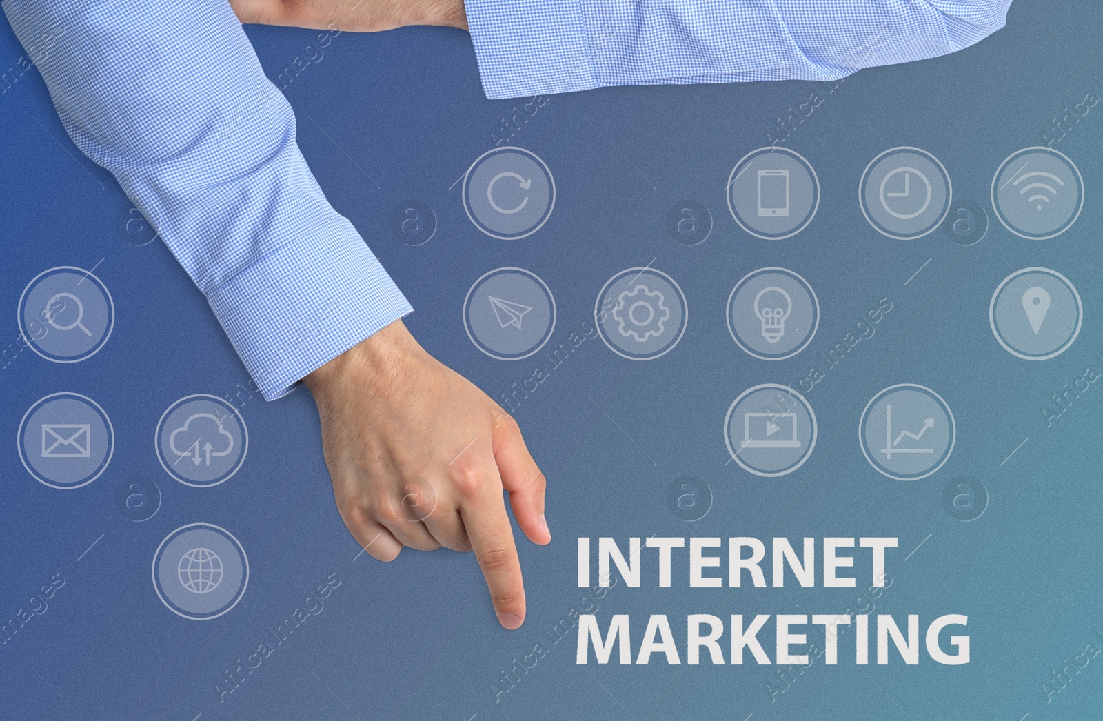 Image of Internet marketing. Different icons and businessman on light blue background, top view