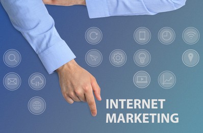 Image of Internet marketing. Different icons and businessman on light blue background, top view