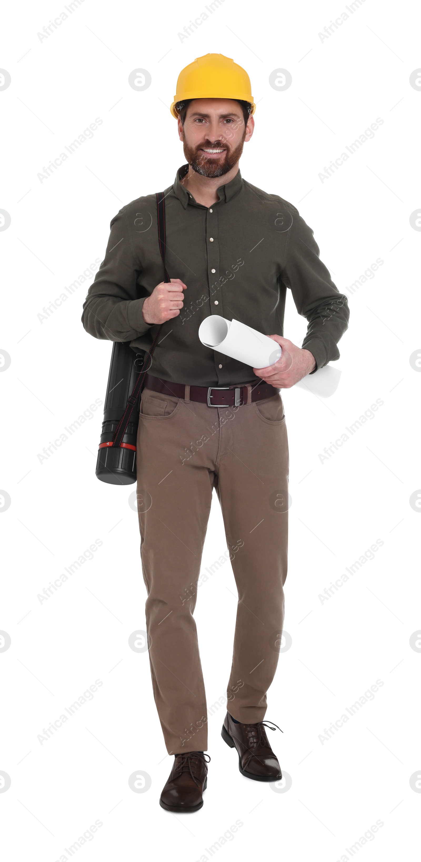 Photo of Architect in hard hat with drawing tube and draft walking on white background