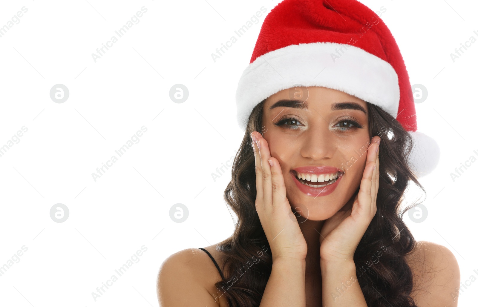 Photo of Beautiful woman in Santa hat on white background. Christmas party