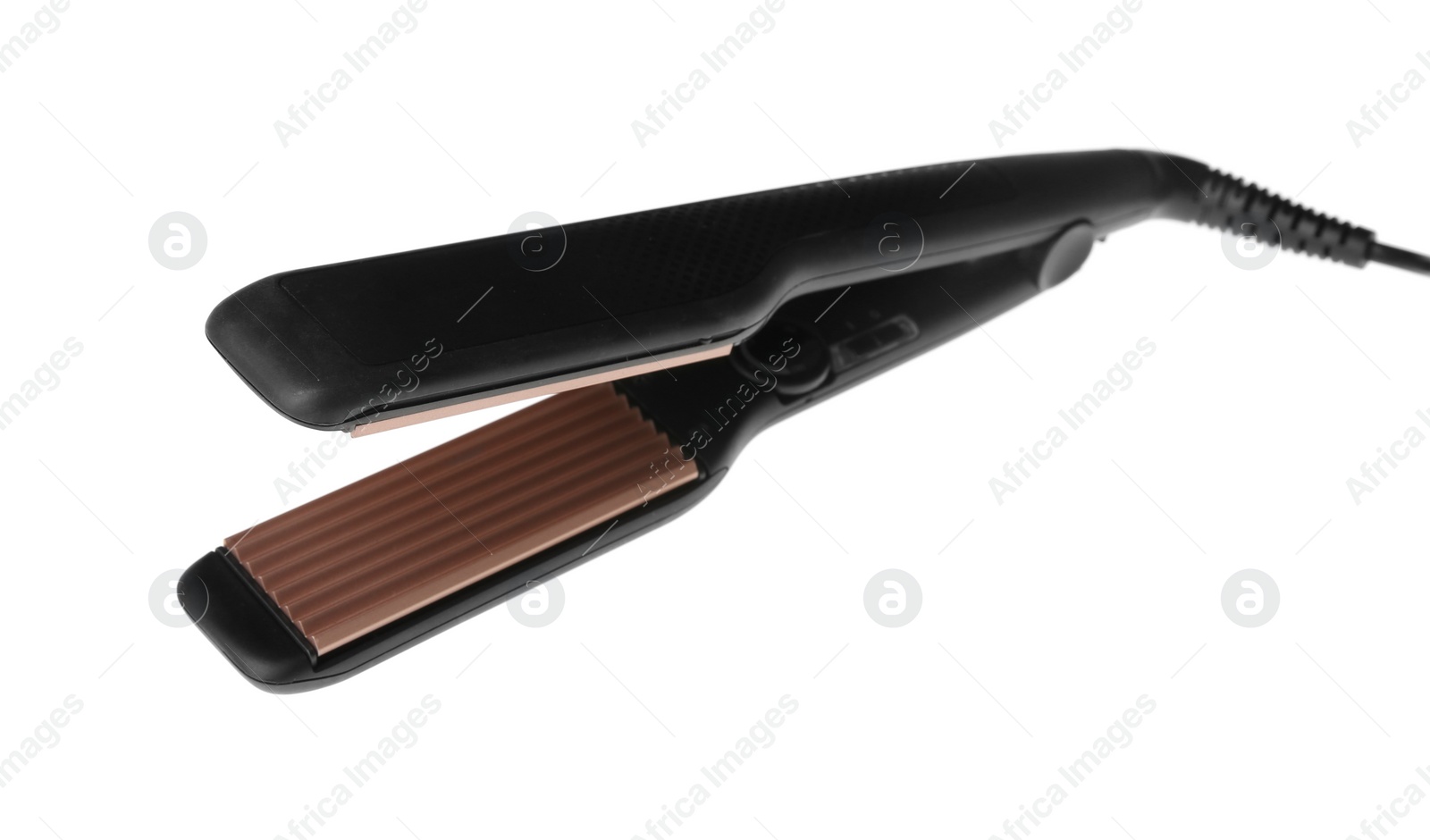 Photo of Flat iron with zigzag plate isolated on white. Hair styling device