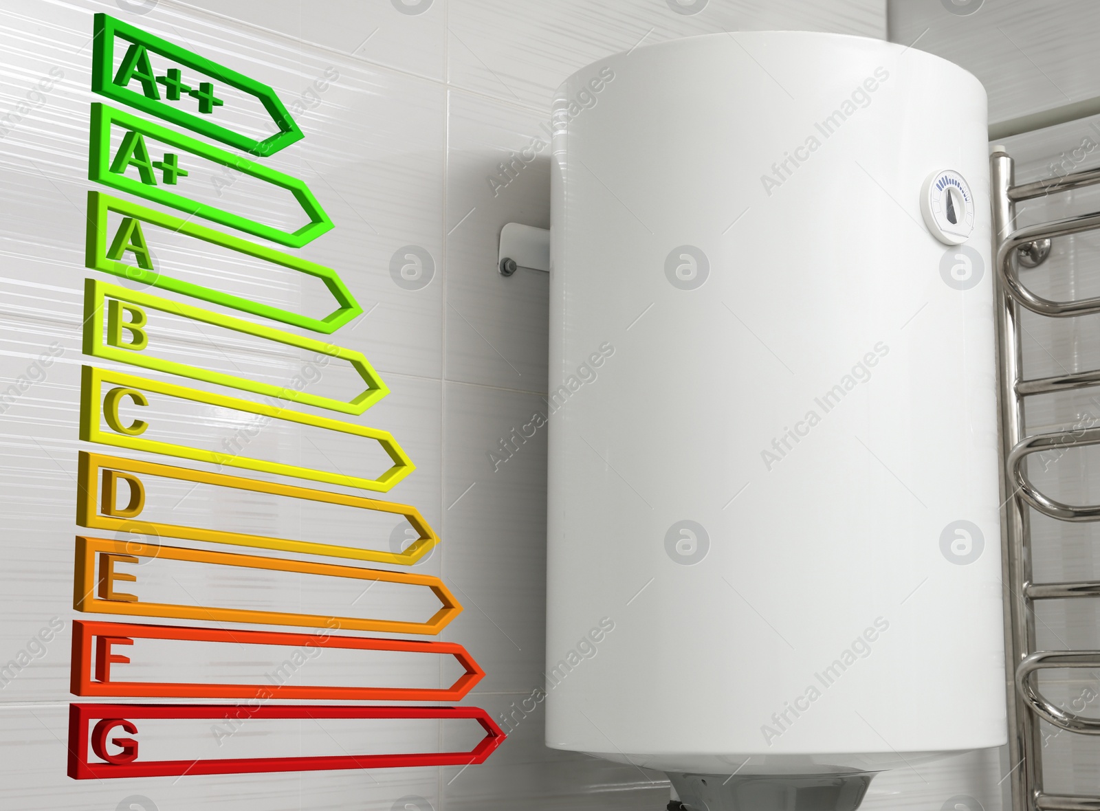 Image of Energy efficiency chart and electric boiler indoors