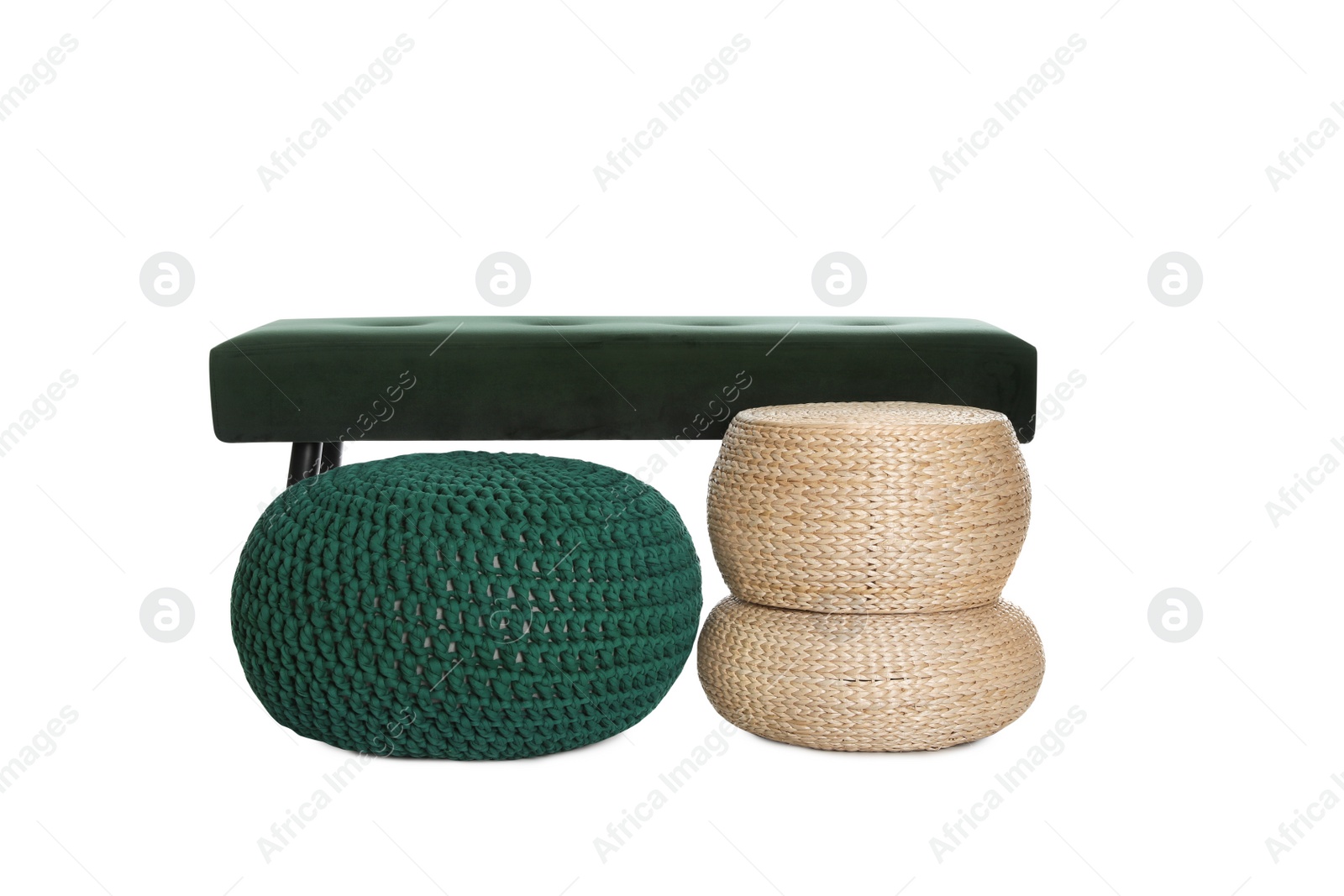 Photo of Different poufs and bench on white background. Home design