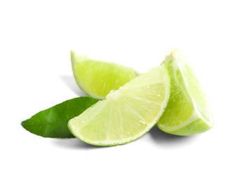 Fresh ripe green limes on white background