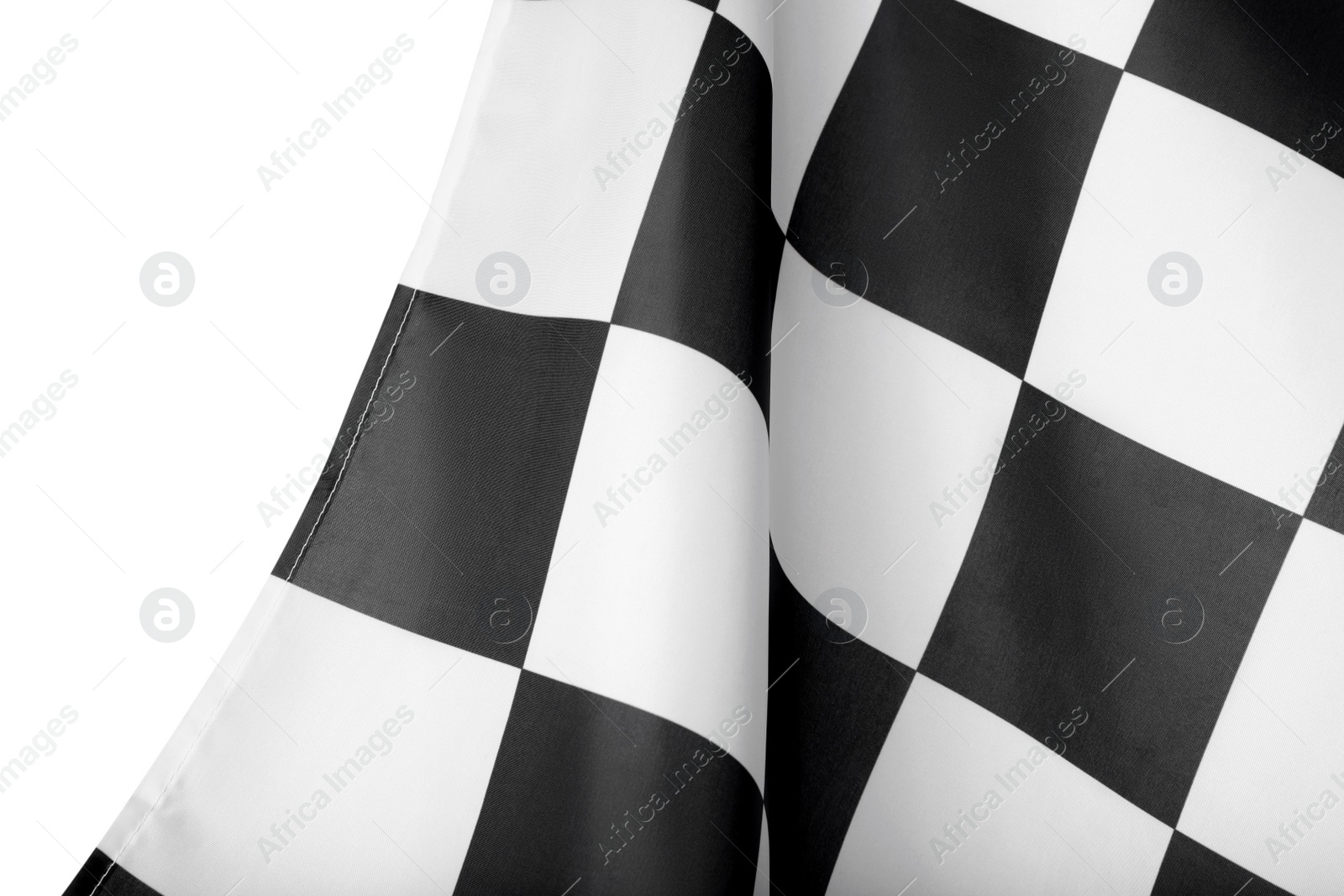 Photo of Checkered finish flag on white background, closeup