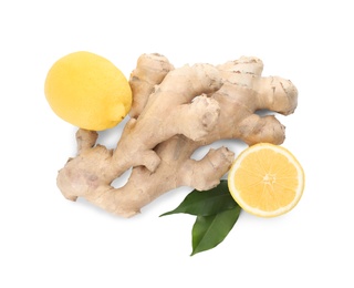 Photo of Fresh lemons and ginger on white background, top view