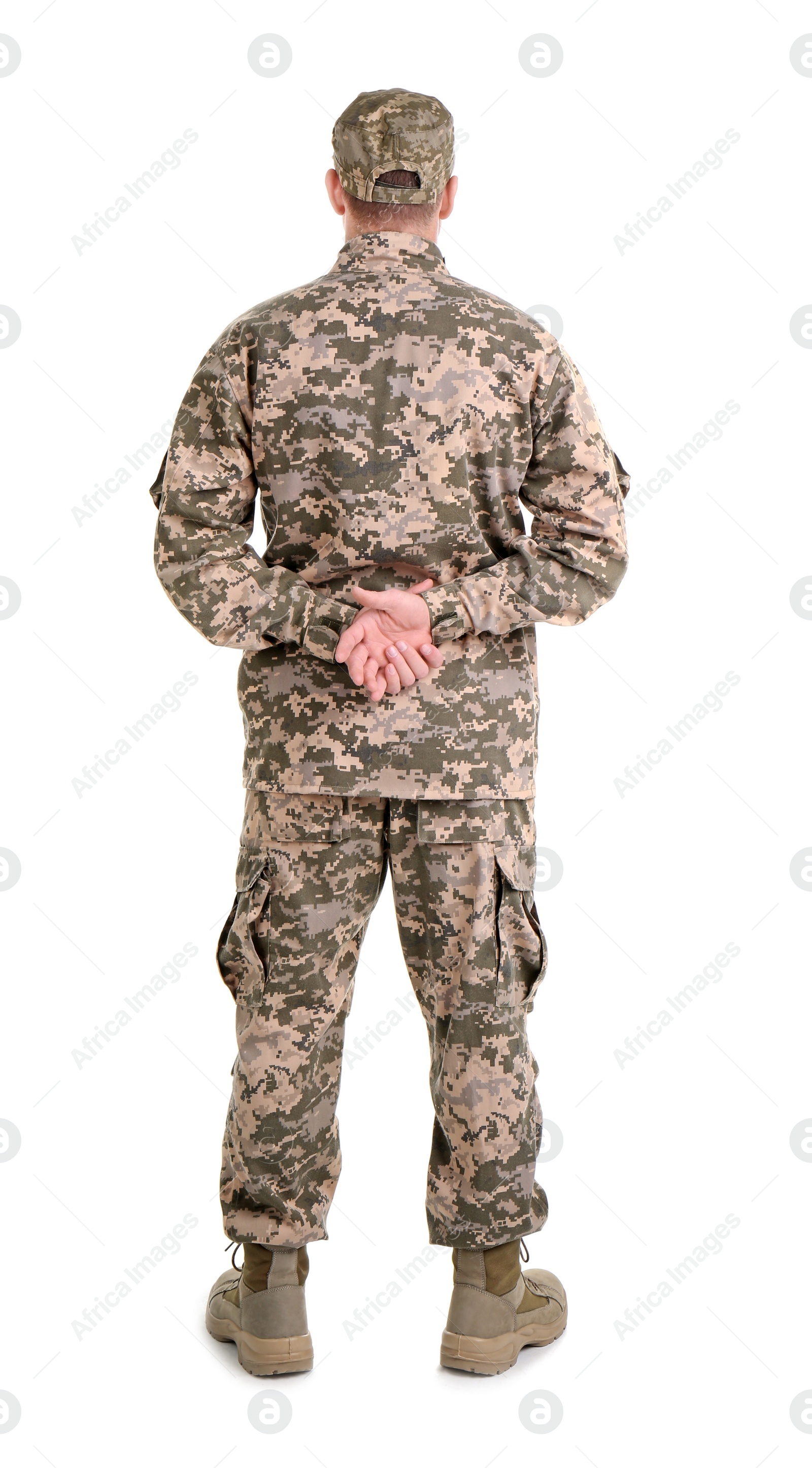 Photo of Male soldier on white background. Military service