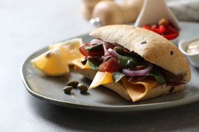 Photo of Delicious sandwich with bresaola, cheese and onion on light grey table, closeup