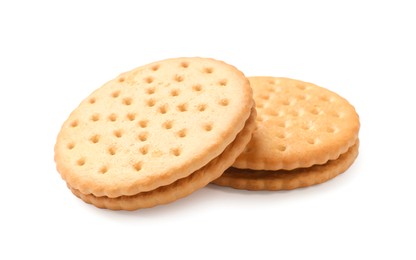 Photo of Fresh tasty sandwich cookies isolated on white