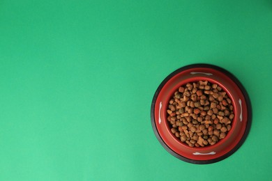 Photo of Dry pet food in feeding bowl on green background, top view. Space for text