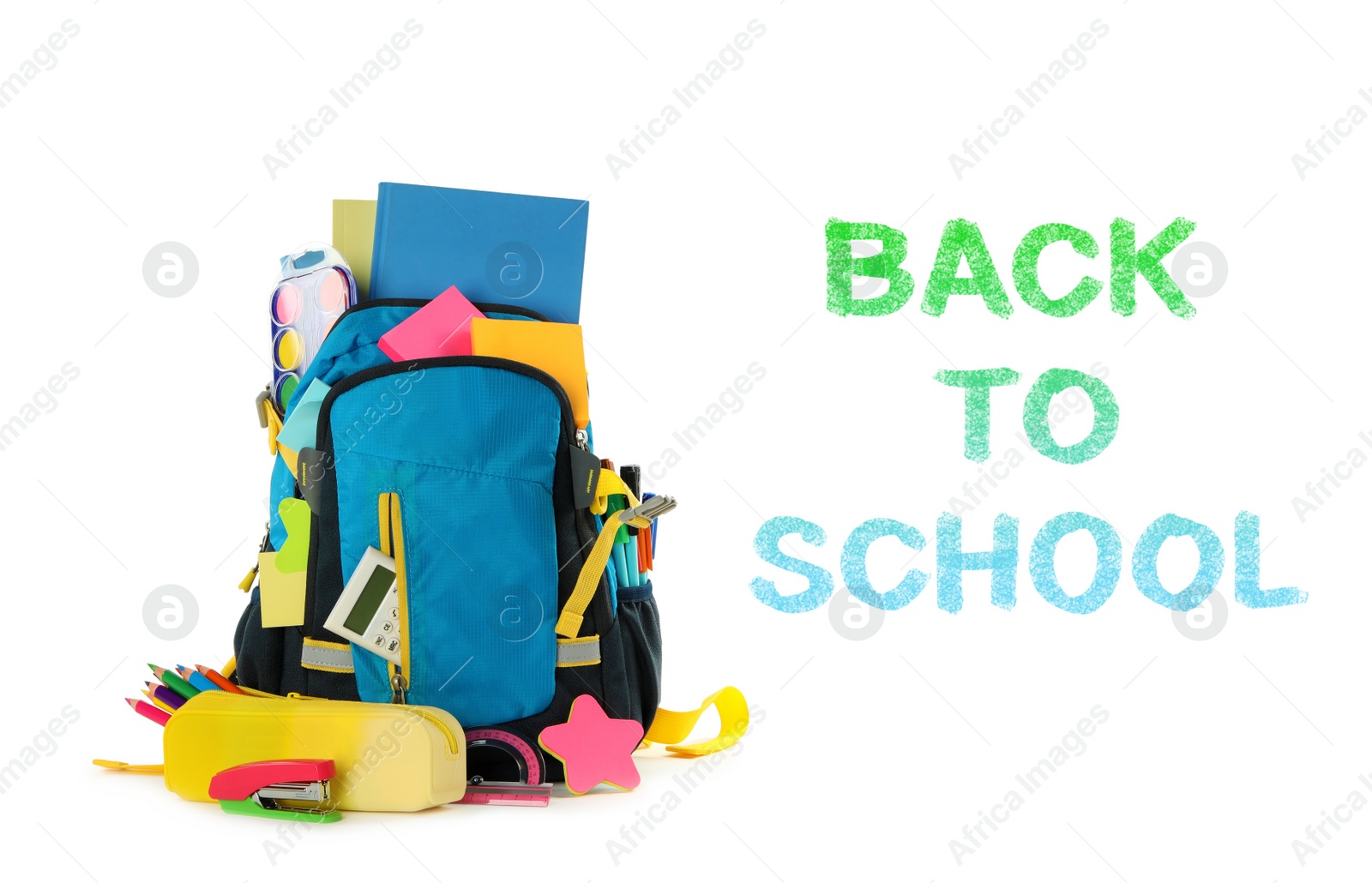 Image of Text Back To School and backpack with different stationery on white background