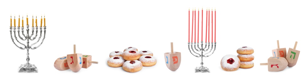 Image of Set with wooden dreidels, doughnuts and silver menorahs on white background, banner design. Hanukkah celebration