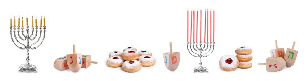 Set with wooden dreidels, doughnuts and silver menorahs on white background, banner design. Hanukkah celebration