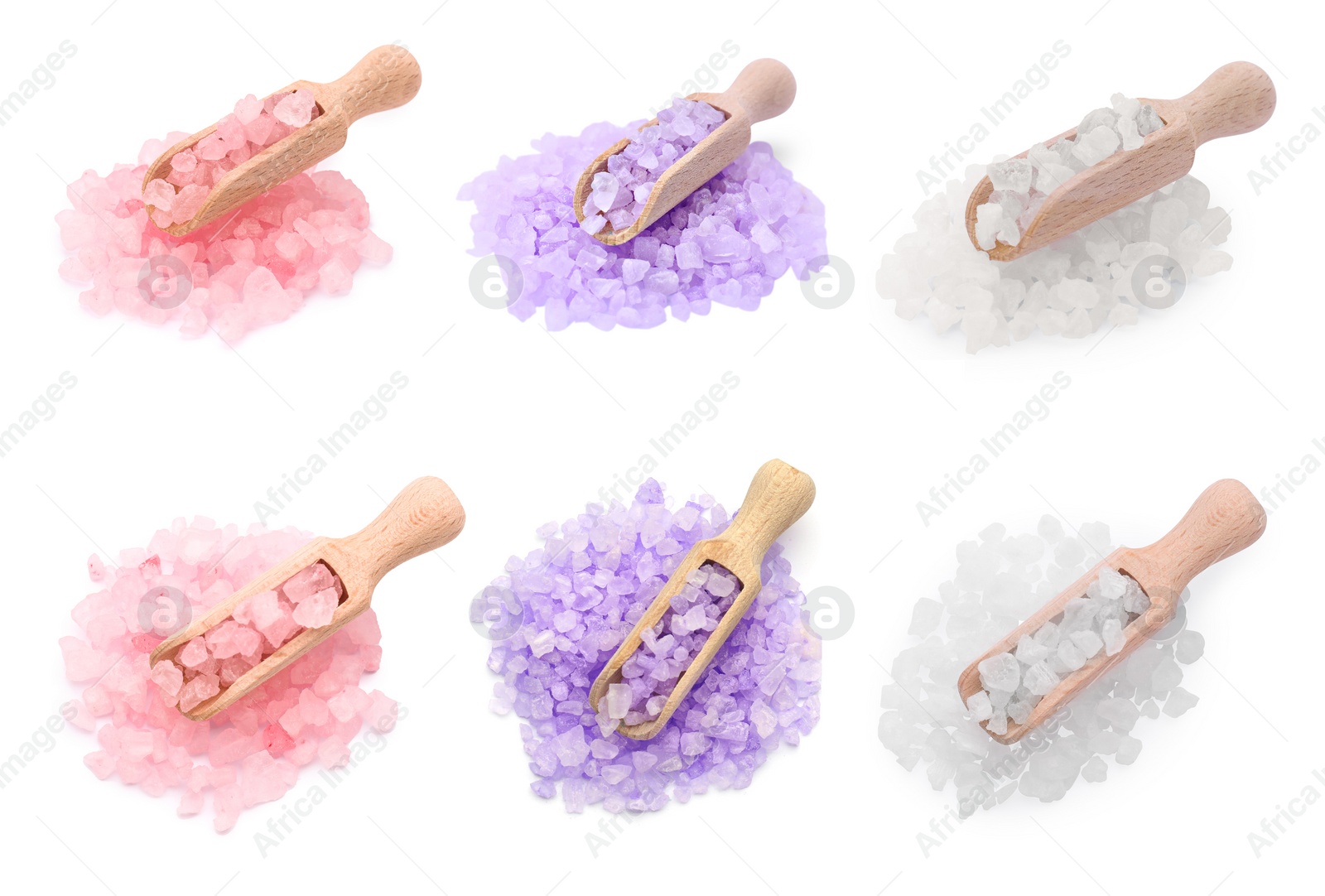 Image of Different sea salt and wooden scoops isolated on white, top and side views